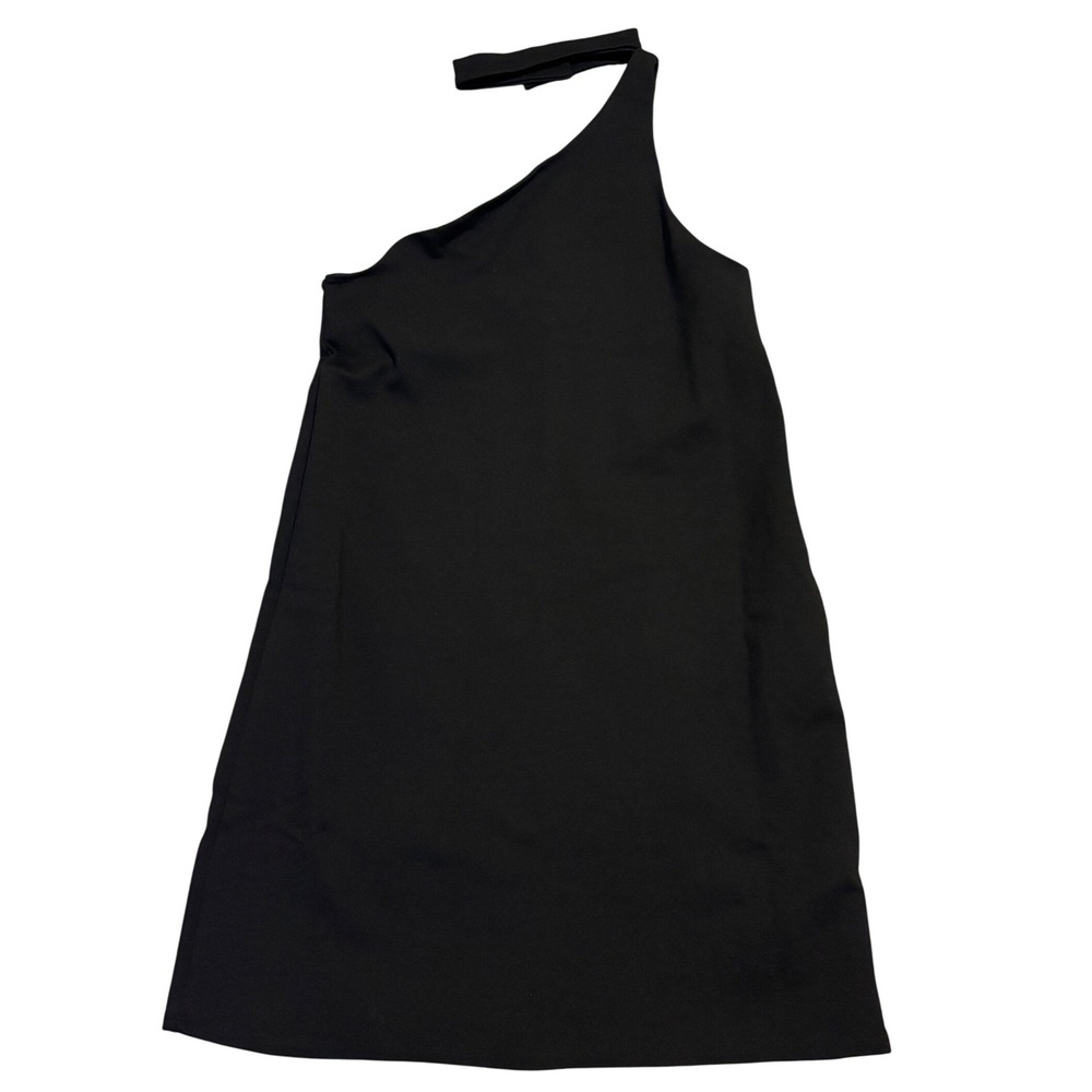 Zara Dress Women S Black‎ One Shoulder Choker Neck Pearl Button Mini Shift